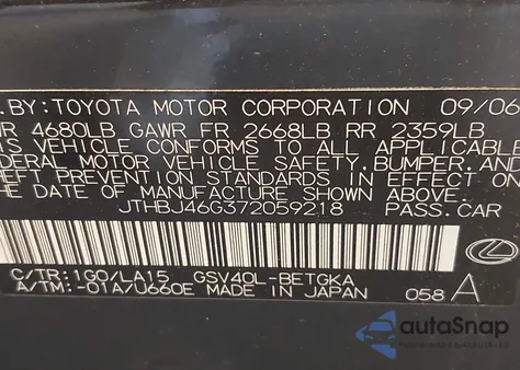 2007 Lexus Es 350 from USA, damaged, VIN JTHBJ46G372059218
